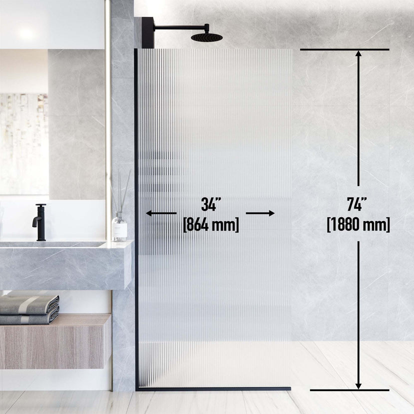 Matte black finish fixed shower screen with fluted tempered glass and included mounting kit