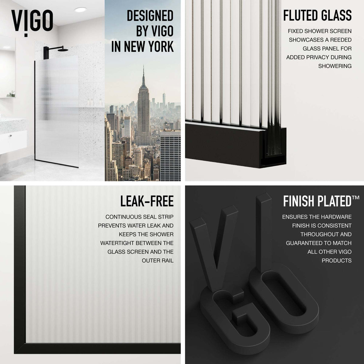 74-inch tall frameless shower screen with fluted glass and matte black frame
