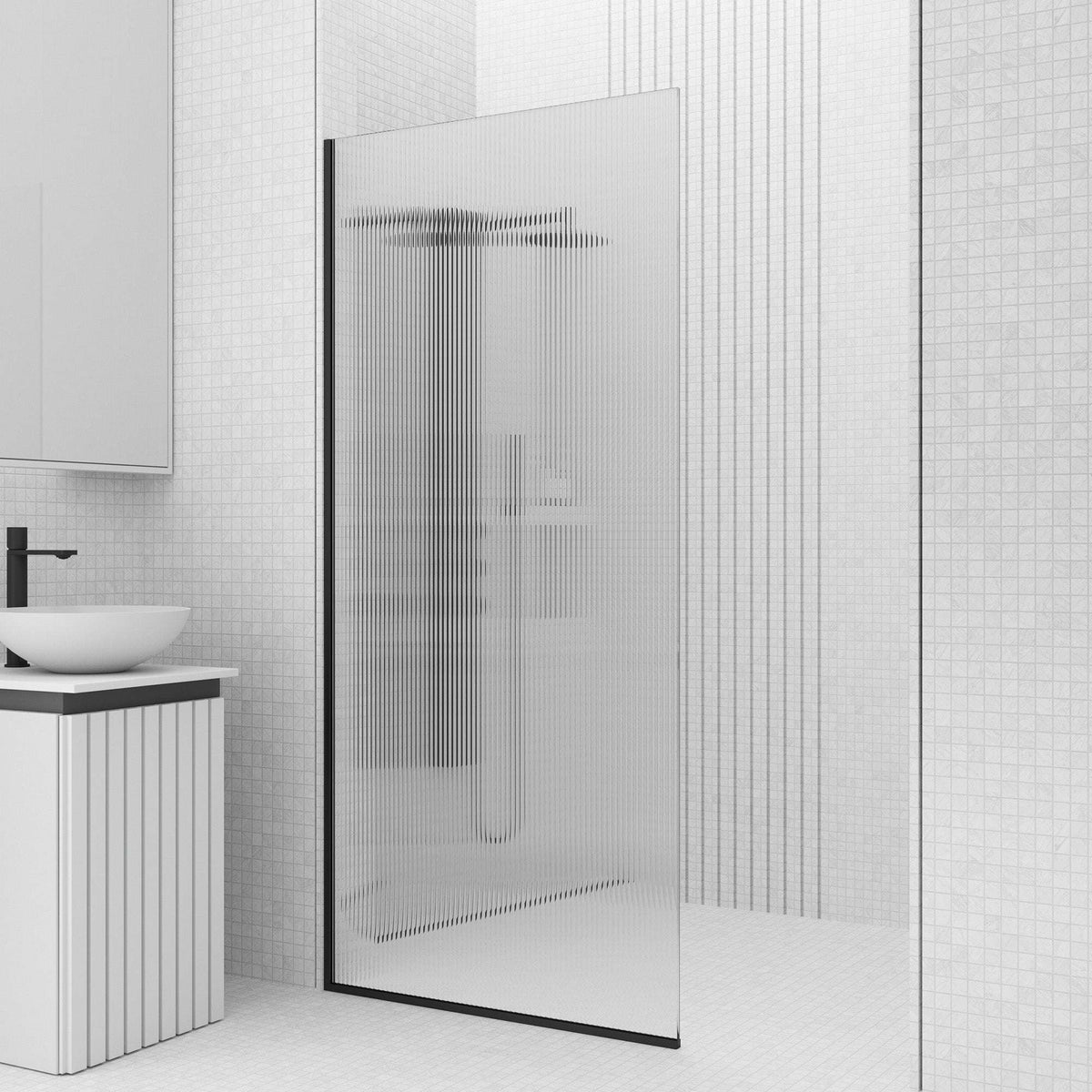 Frameless shower screen with fluted glass, matte black finish, and fixed installation type