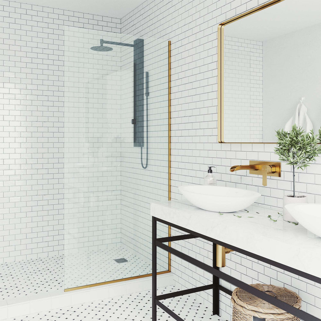Frameless matte brushed gold shower screen with clear tempered glass, reversible door