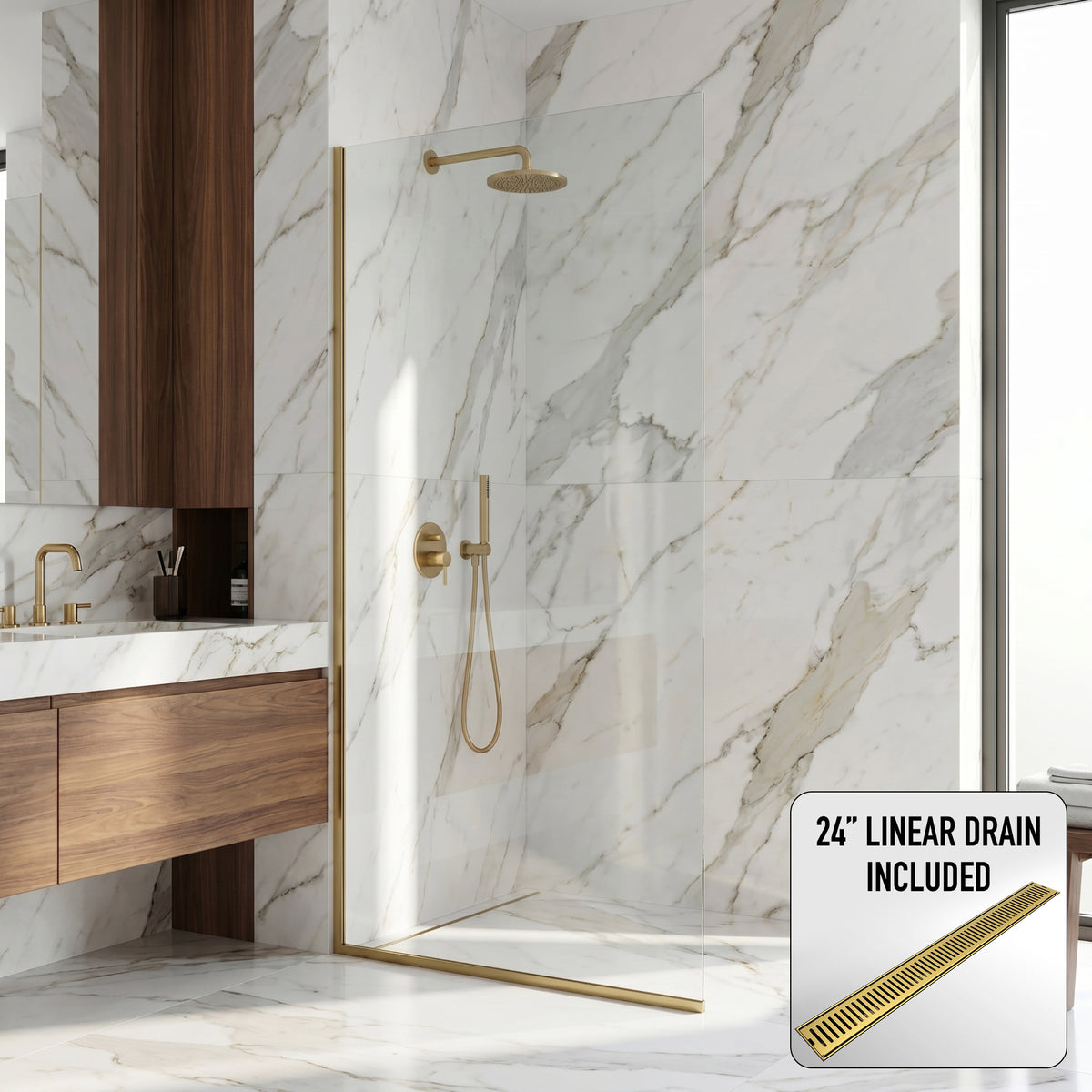 Zenith 34 in. W x 74 in. H Frameless Fixed Shower Screen Door and Elan 24 in. Linear Shower Drain in Matte Brushed Gold