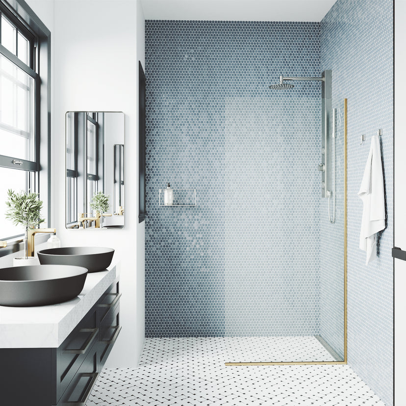 Zenith 34 in. W x 74 in. H Frameless Fixed Shower Screen Door and Elan 24 in. Linear Shower Drain in Matte Brushed Gold
