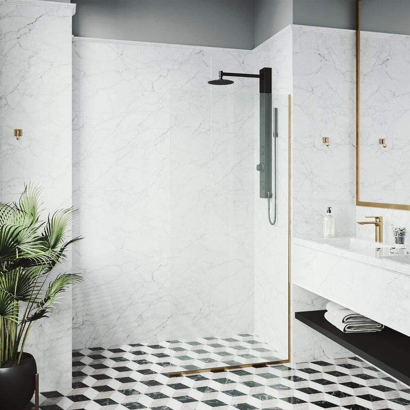 Zenith 34 in. W x 74 in. H Frameless Fixed Shower Screen Door and Elan 24 in. Linear Shower Drain in Matte Brushed Gold