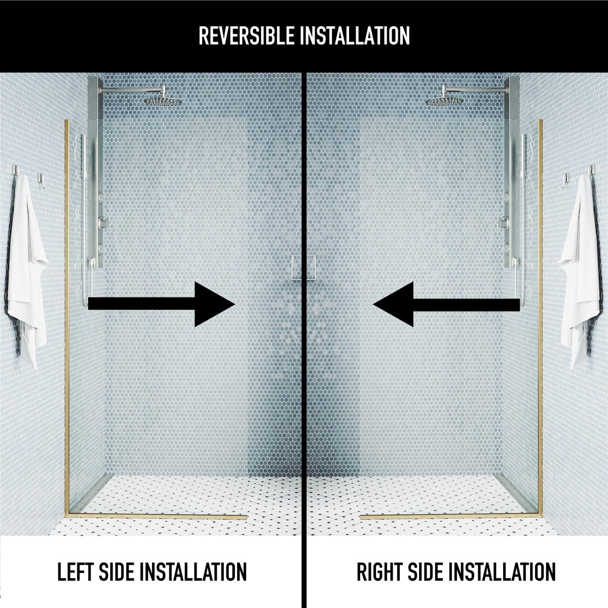 Zenith 34 in. W x 74 in. H Frameless Fixed Shower Screen Door and Elan 24 in. Linear Shower Drain in Matte Brushed Gold