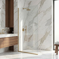 Zenith 34 in. W x 74 in. H Frameless Fixed Shower Screen Door and Elan 24 in. Linear Shower Drain in Matte Brushed Gold