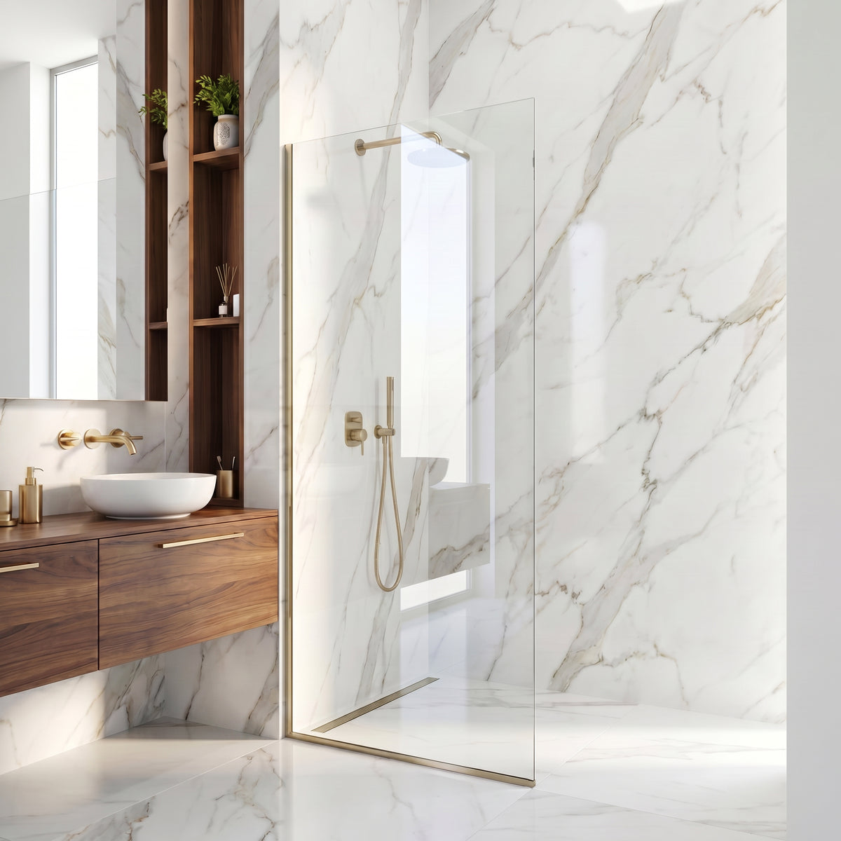 Zenith 34 in. W x 74 in. H Frameless Fixed Shower Screen Door and Elan 24 in. Linear Shower Drain in Matte Brushed Gold
