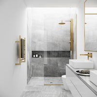 Zenith 34 in. W x 74 in. H Frameless Fixed Shower Screen Door and Elan 24 in. Linear Shower Drain in Matte Brushed Gold