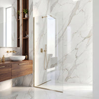 Zenith 34 in. W x 74 in. H Frameless Fixed Shower Screen Door and Satro 3-Piece Bath Hardware Set in Matte Brushed Gold