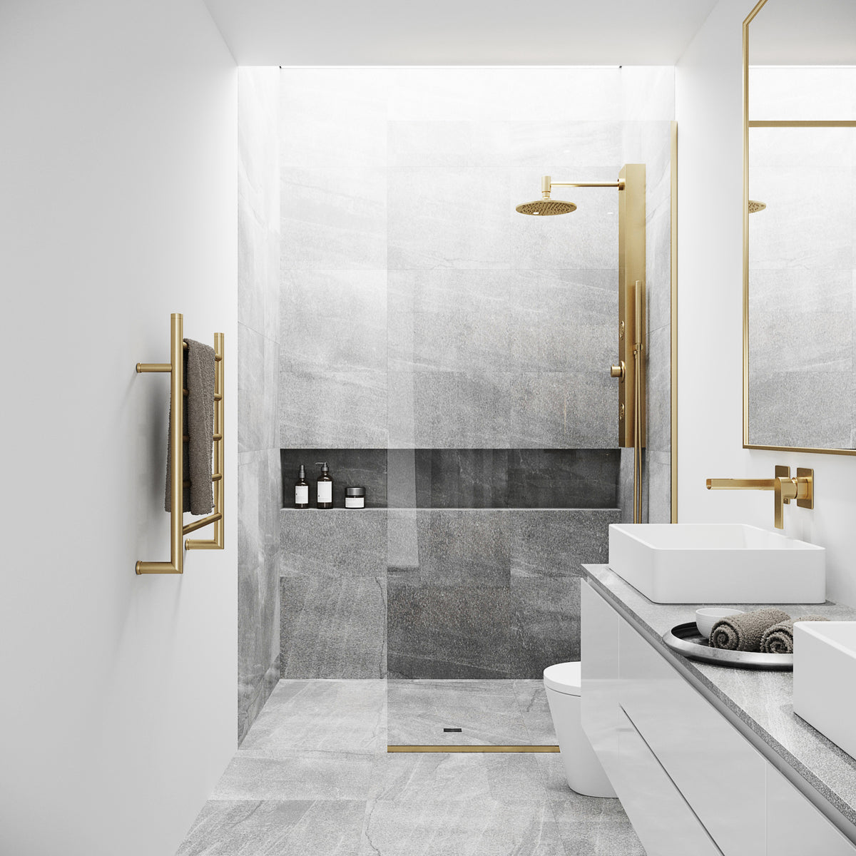Zenith 34 in. W x 74 in. H Frameless Fixed Shower Screen Door and Satro 3-Piece Bath Hardware Set in Matte Brushed Gold