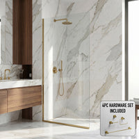 Zenith 34 in. W x 74 in. H Frameless Fixed Shower Screen Door and Meridian 4-Piece Bath Hardware Set in Matte Brushed Gold