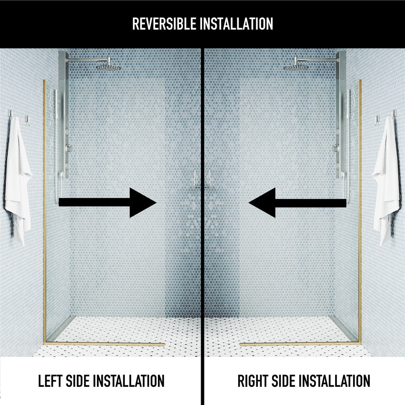 Zenith 34 in. W x 74 in. H Frameless Fixed Shower Screen Door and Meridian 4-Piece Bath Hardware Set in Matte Brushed Gold