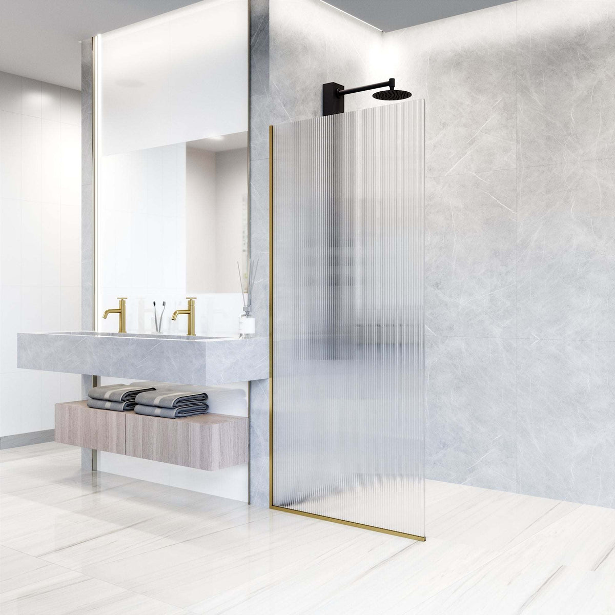 Modern matte gold shower screen with fluted glass and stainless steel hardware