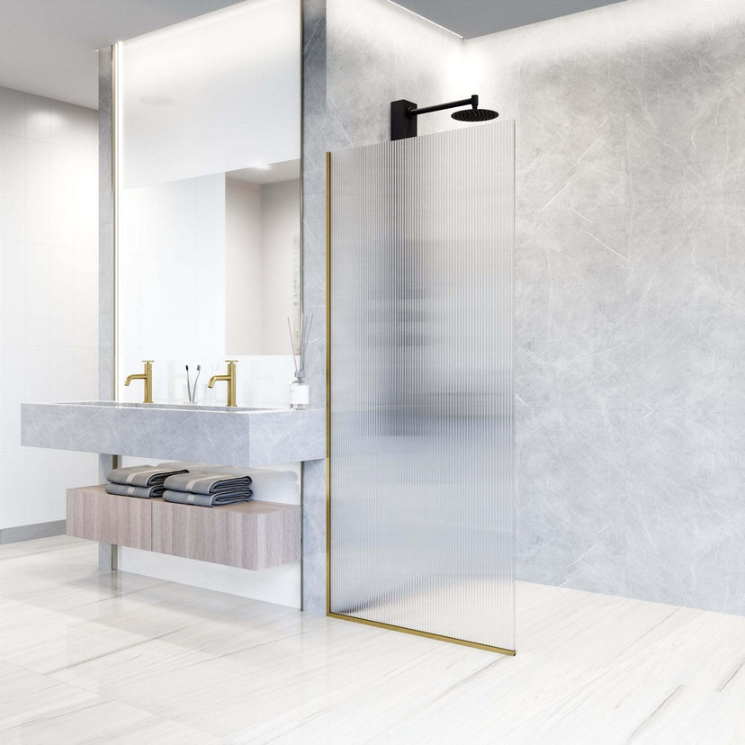 Modern matte gold shower screen with fluted glass and stainless steel hardware