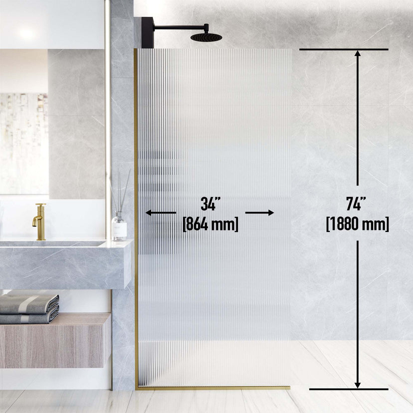 Matte brushed gold finish fixed shower screen with fluted tempered glass and included mounting kit