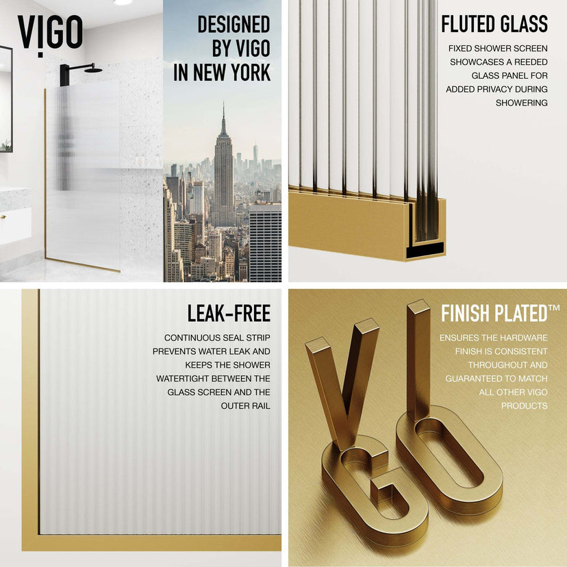 74-inch tall frameless shower screen with fluted glass and matte gold frame