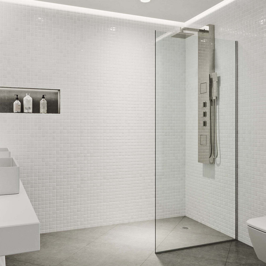 Frameless stainless steel shower screen with clear tempered glass, reversible door
