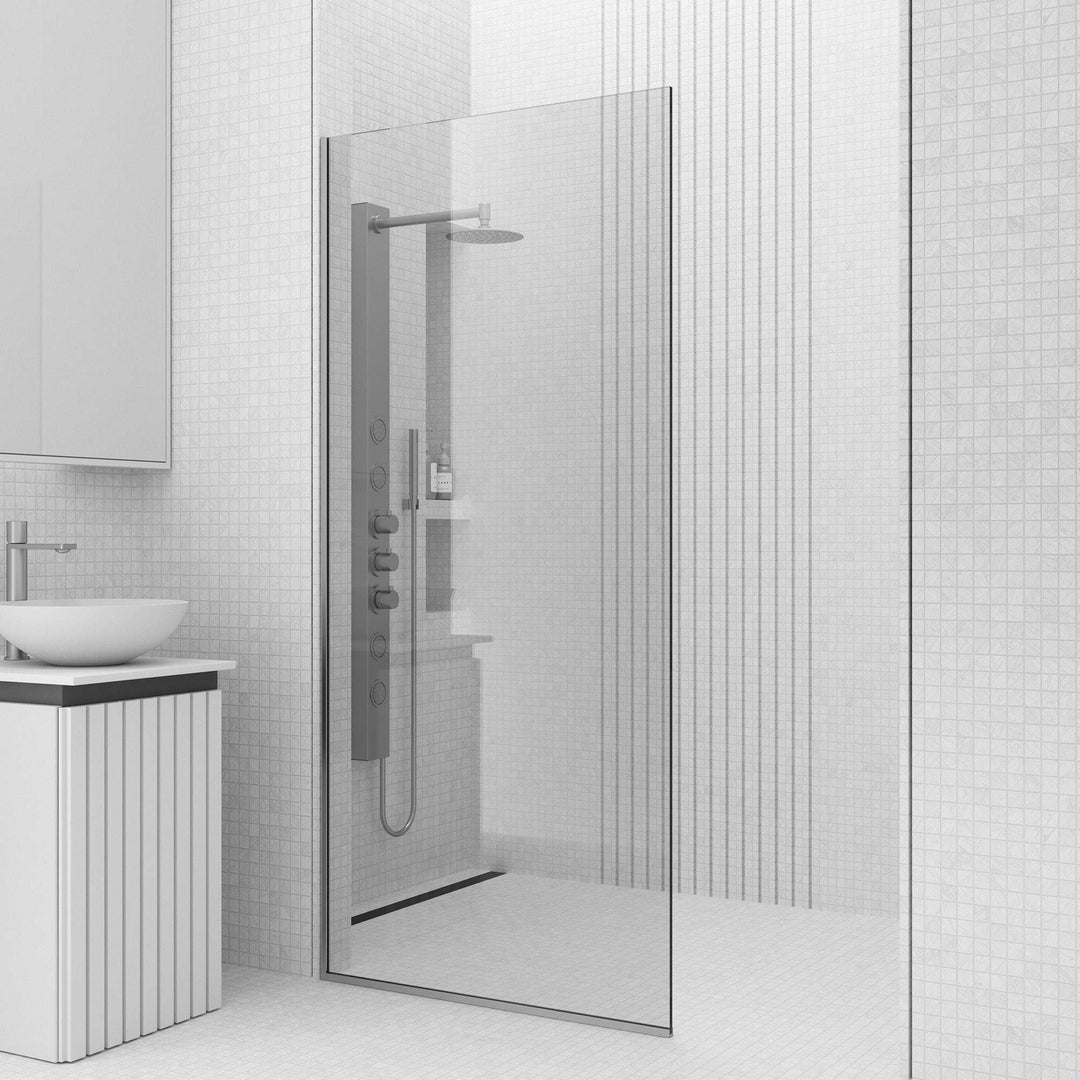 Fixed installation shower screen with stainless steel frame, clear tempered glass, and 74-inch height
