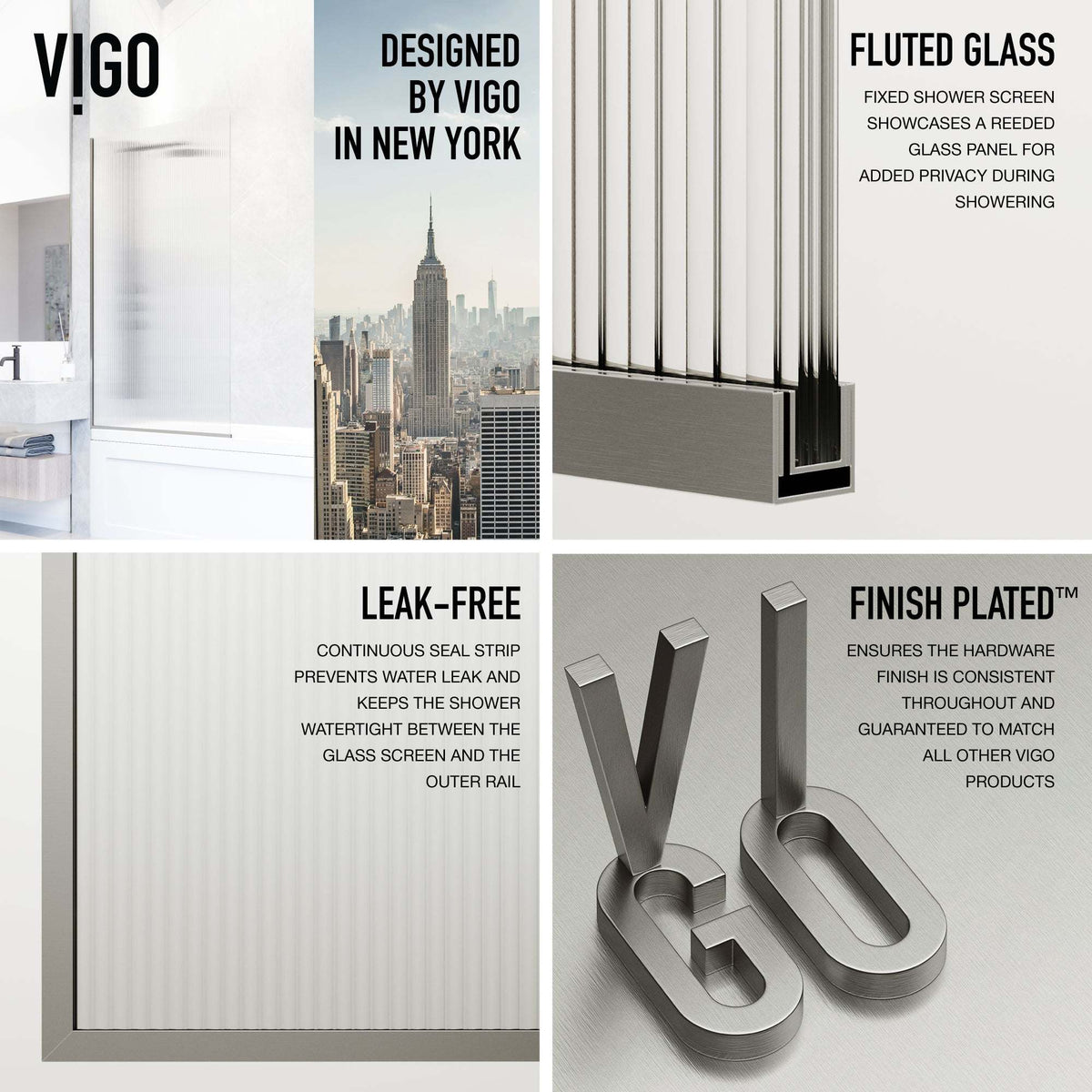 VIGO Meridian Zenith 34 x 62 in. Semi-Framed Fixed Tub Screen with Clear/Fluted Tempered Glass