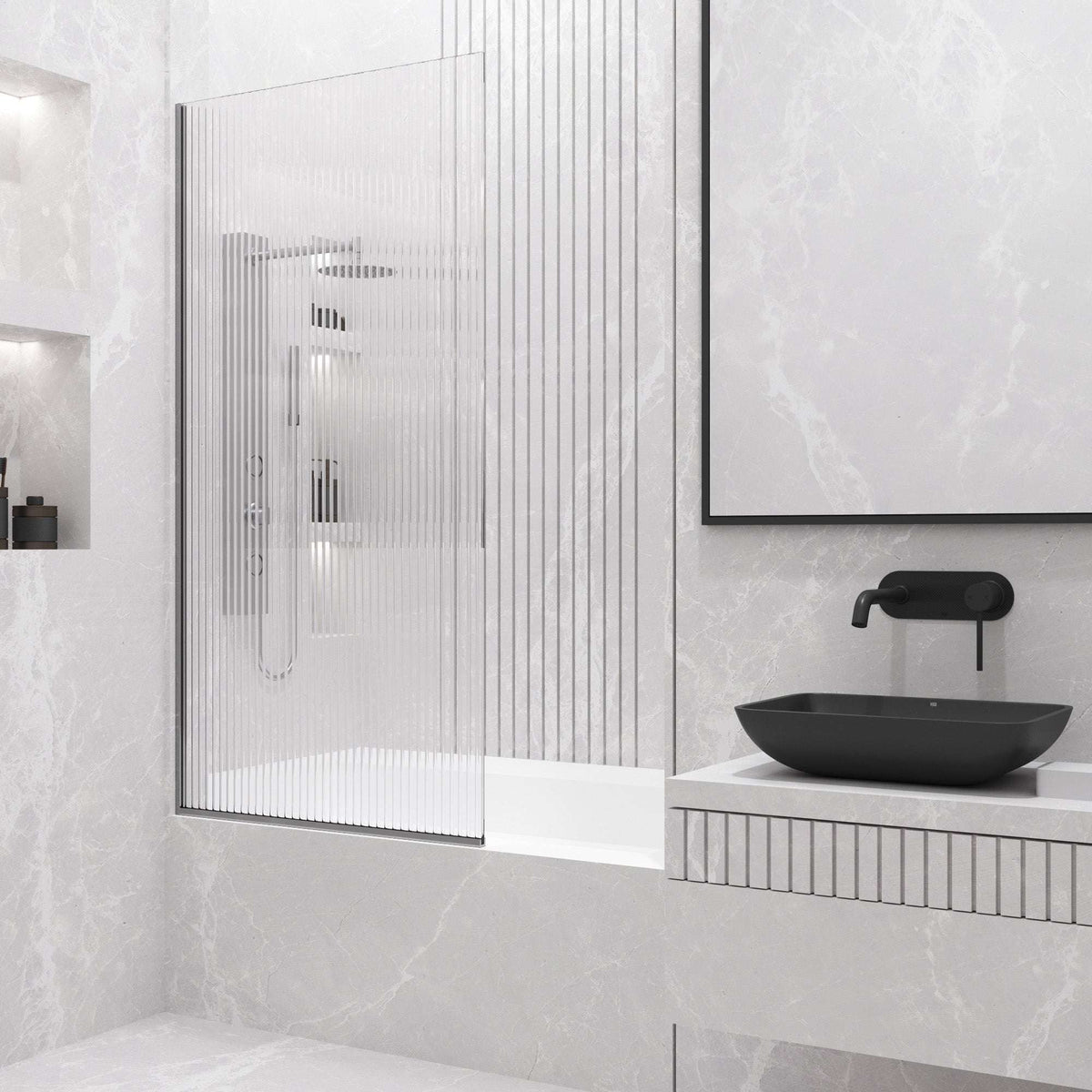 VIGO Meridian Zenith 34 x 62 in. Semi-Framed Fixed Tub Screen with Clear/Fluted Tempered Glass