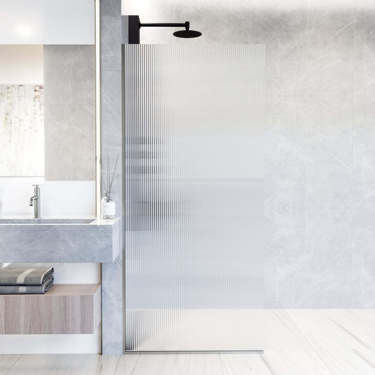 Frameless stainless steel shower screen with fluted tempered glass, reversible door
