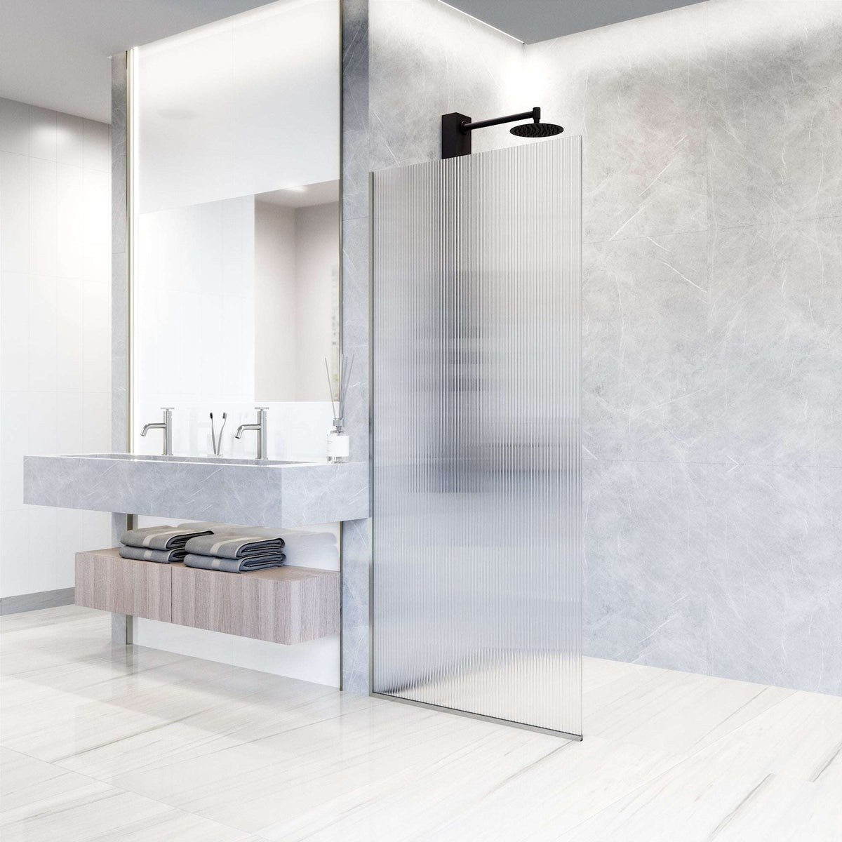 Modern stainless steel shower screen with fluted glass and stainless steel hardware