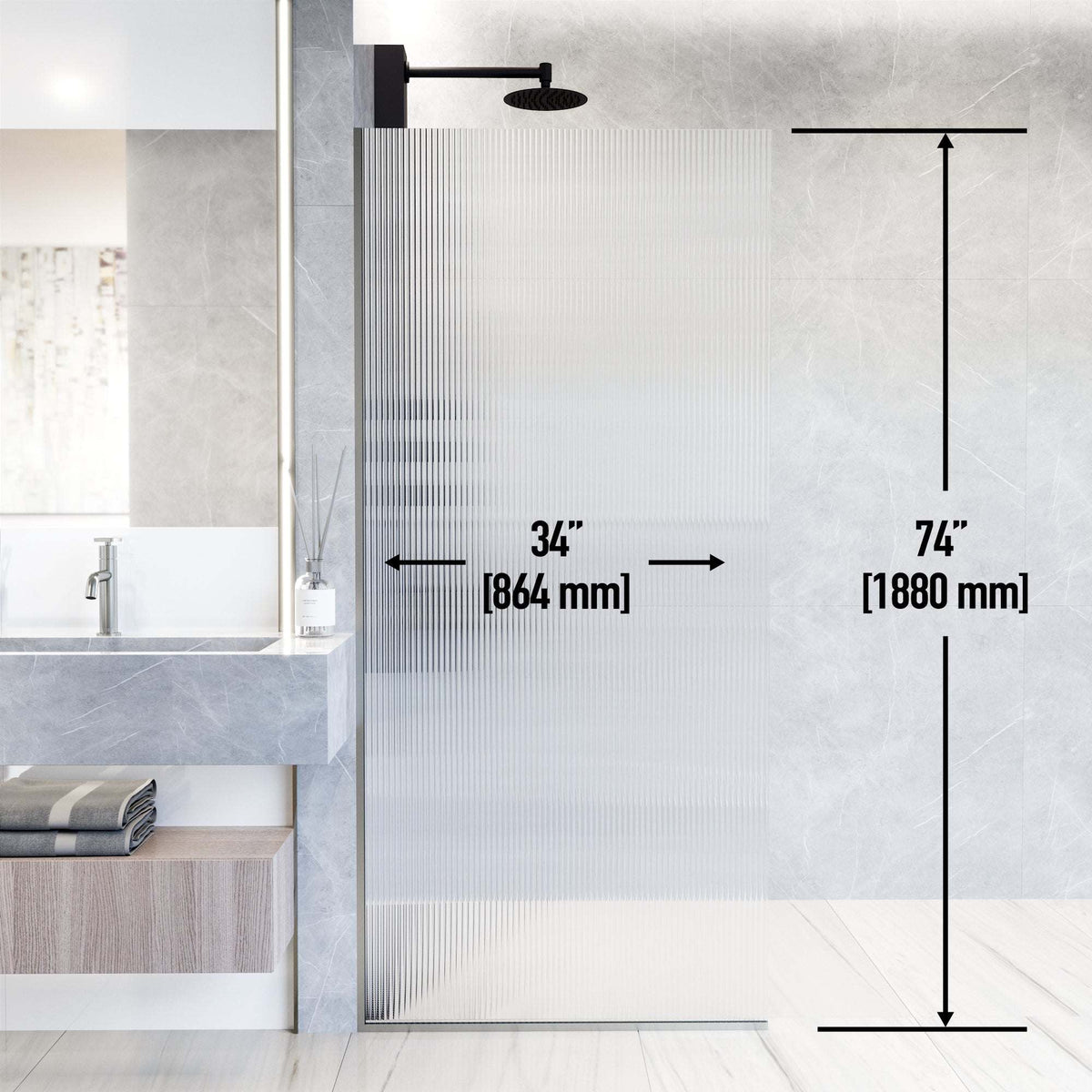 Stainless steel finish fixed shower screen with fluted tempered glass and included mounting kit