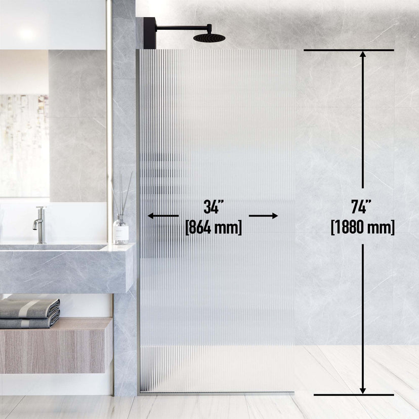 Stainless steel finish fixed shower screen with fluted tempered glass and included mounting kit