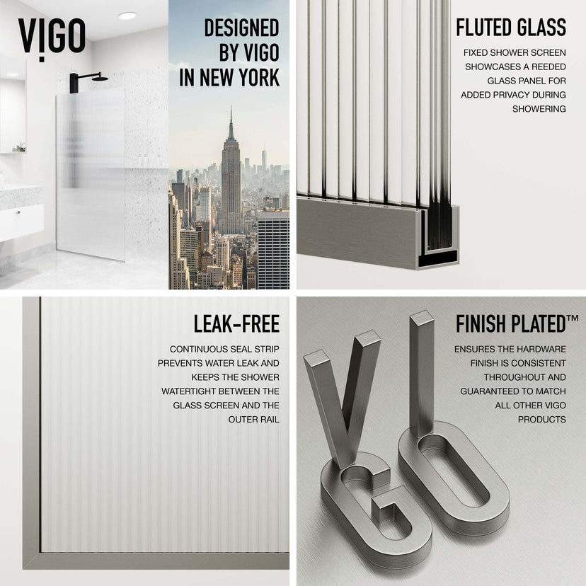 74-inch tall frameless shower screen with fluted glass and stainless steel frame