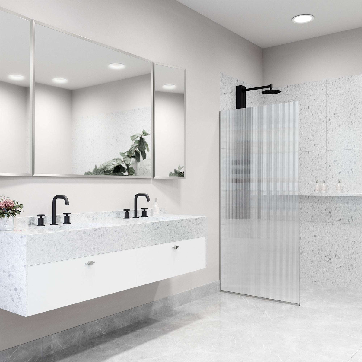 Fixed shower screen with stainless steel frame, fluted tempered glass, and reversible door