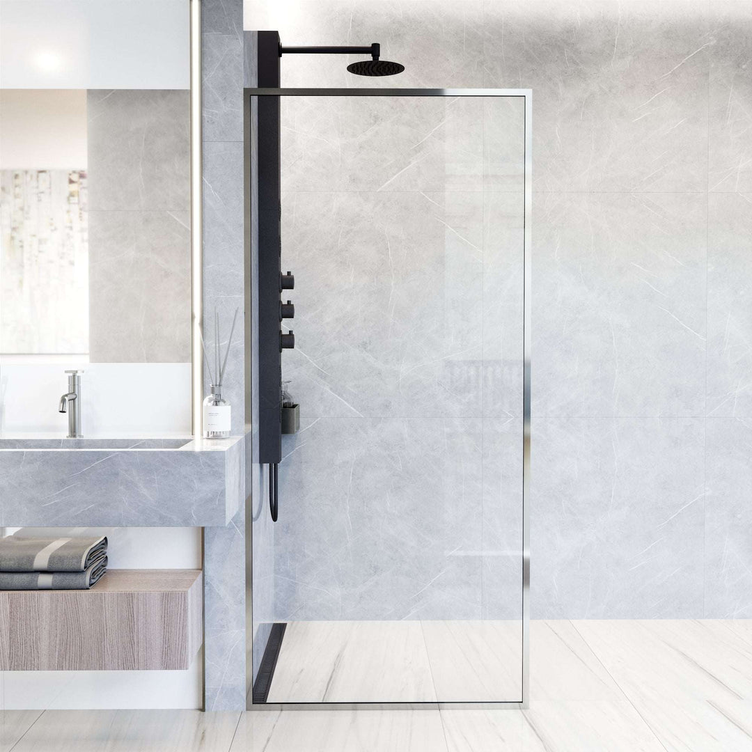 Chrome framed shower screen with clear tempered glass, modern design, fixed installation