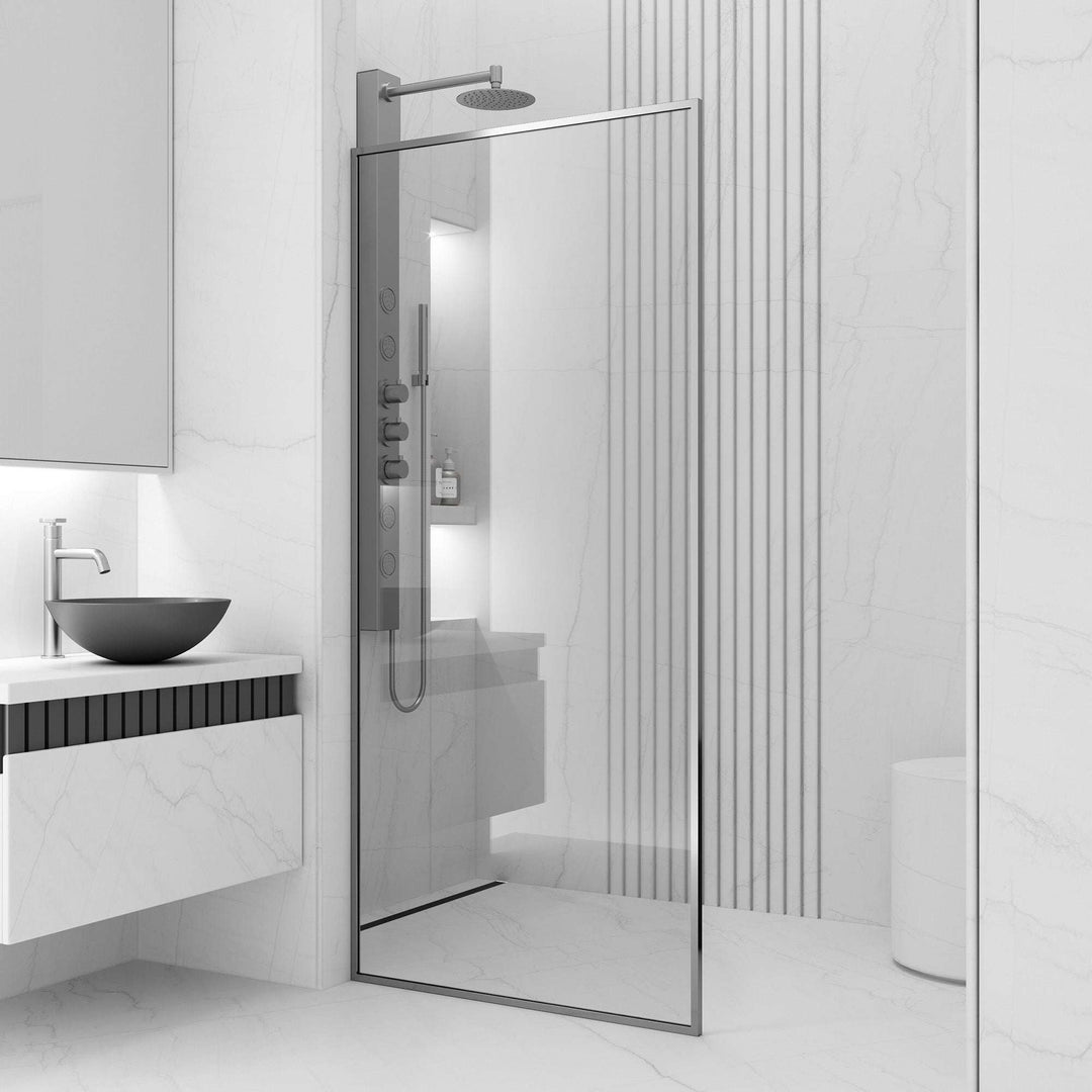 Reversible door shower screen, chrome frame, clear tempered glass, modern bathroom design