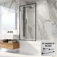 Meridian 34 in. W x 62 in. H Framed Fixed Tub Screen in Matte Black with 3/8 in. (10mm) Clear Glass and Satro 3-Piece Bath Hardware Set