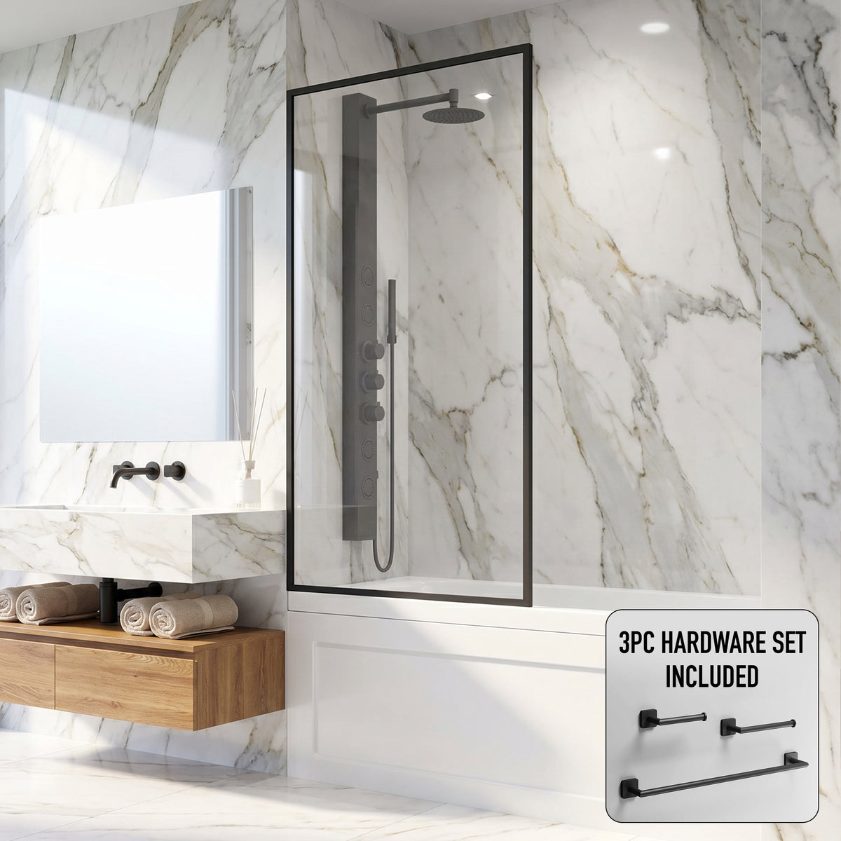 Meridian 34 in. W x 62 in. H Framed Fixed Tub Screen in Matte Black with 3/8 in. (10mm) Clear Glass and Satro 3-Piece Bath Hardware Set