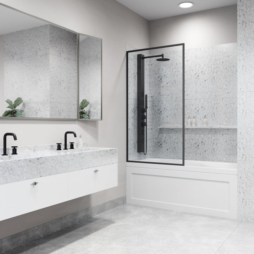 Meridian 34 in. W x 62 in. H Framed Fixed Tub Screen Door and Meridian 4-Piece Bath Hardware Set in Matte Black