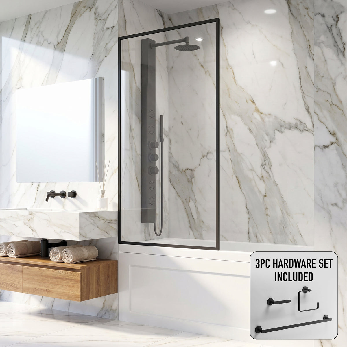 Meridian 34 in. W x 62 in. H Framed Fixed Tub Screen in Matte Black with 3/8 in. (10mm) Clear Glass and Arden 3-Piece Bath Hardware Set