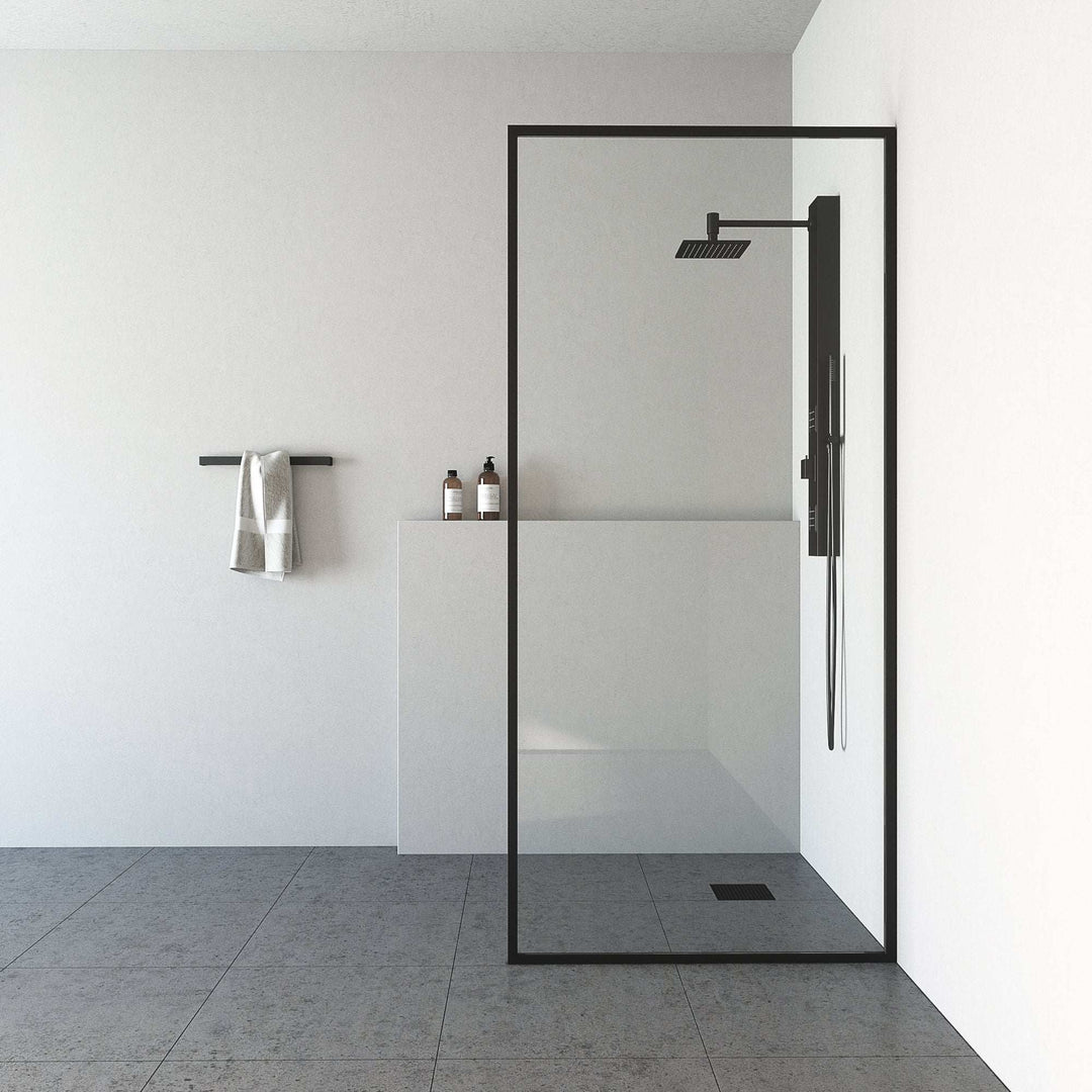 Matte black framed shower screen with clear tempered glass, fixed installation, modern style