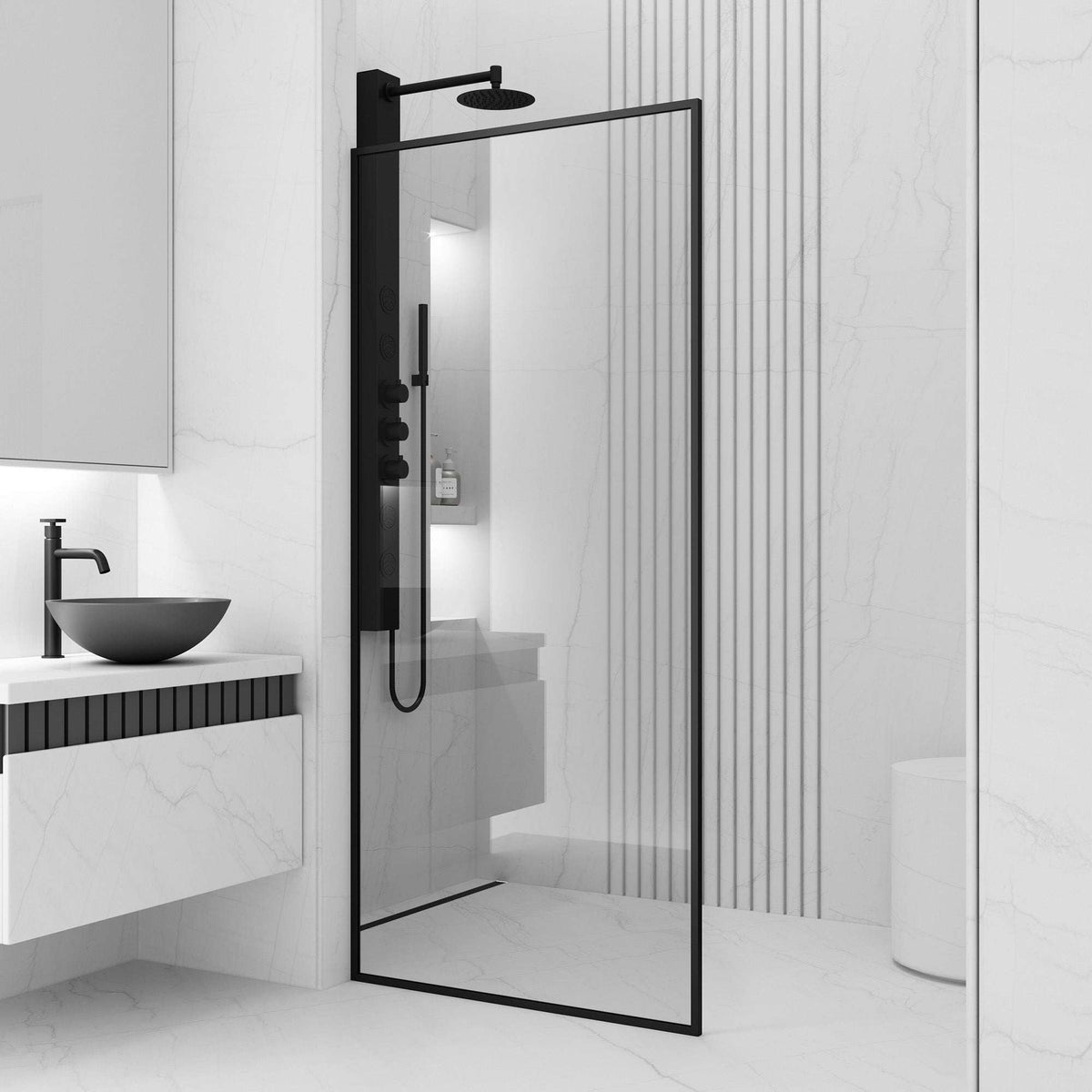 Reversible door shower screen, matte black frame, clear tempered glass, modern bathroom design