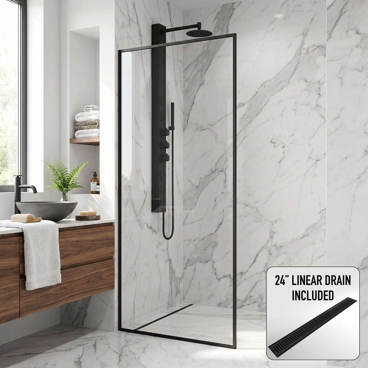Meridian 34 in. W x 74 in. H Framed Fixed Shower Screen Door and Elan 24 in. Linear Shower Drain in Matte Black