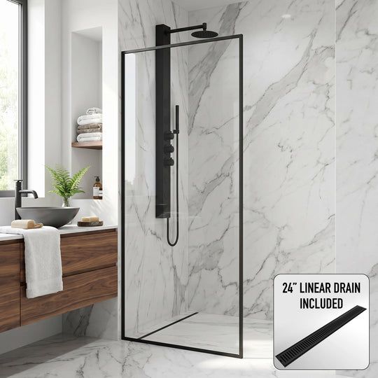 Meridian 34 in. W x 74 in. H Framed Fixed Shower Screen Door and Elan 24 in. Linear Shower Drain in Matte Black