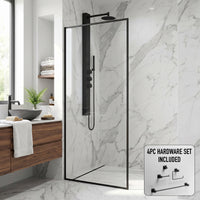 Meridian 34 in. W x 74 in. H Framed Fixed Shower Screen Door and Meridian 4-Piece Bath Hardware Set in Matte Black