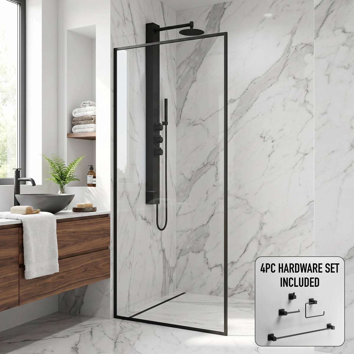 Meridian 34 in. W x 74 in. H Framed Fixed Shower Screen Door and Meridian 4-Piece Bath Hardware Set in Matte Black
