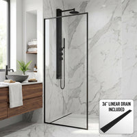 Meridian 34 in. W x 74 in. H Framed Fixed Shower Screen in Matte Black with 3/8 in. (10mm) Clear Glass and Elan 36 in. Linear Shower Drain