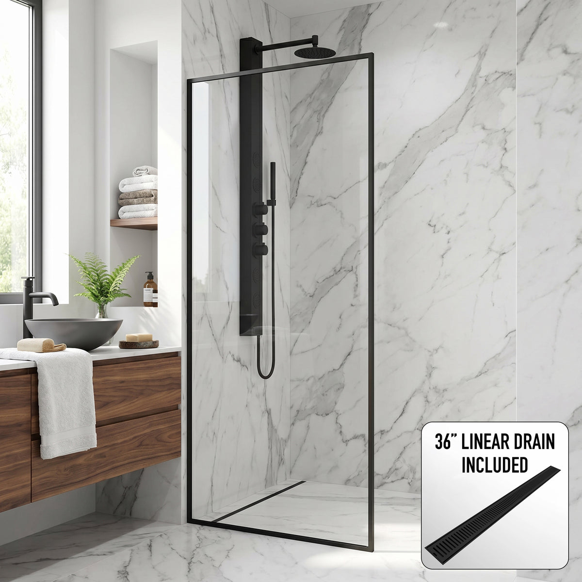 Meridian 34 in. W x 74 in. H Framed Fixed Shower Screen in Matte Black with 3/8 in. (10mm) Clear Glass and Elan 36 in. Linear Shower Drain