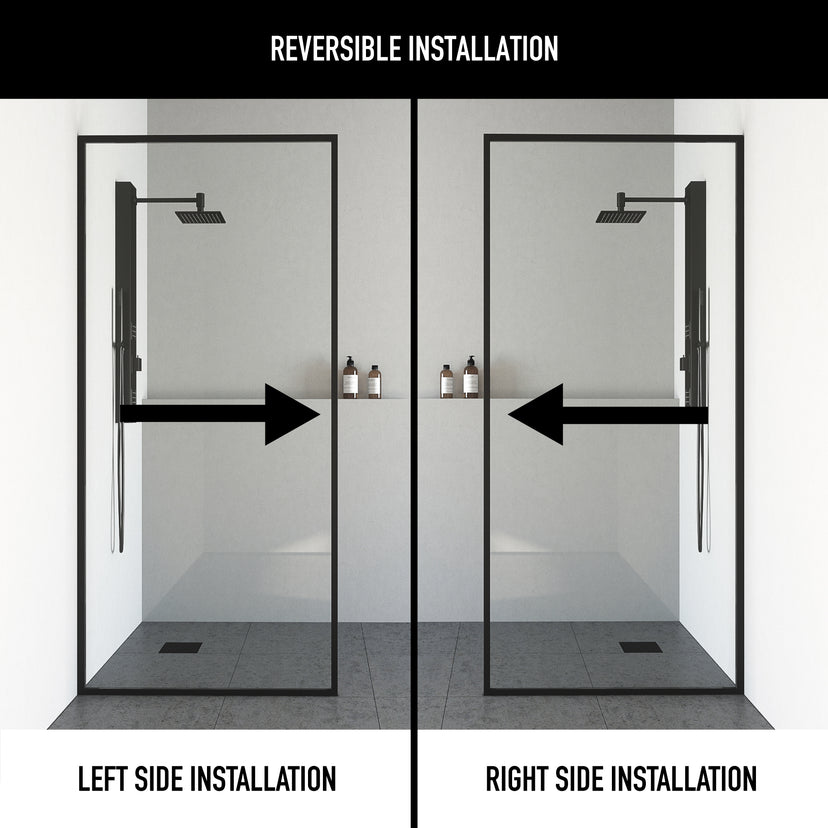 Meridian 34 in. W x 74 in. H Framed Fixed Shower Screen in Matte Black with 3/8 in. (10mm) Clear Glass and Elan 36 in. Linear Shower Drain