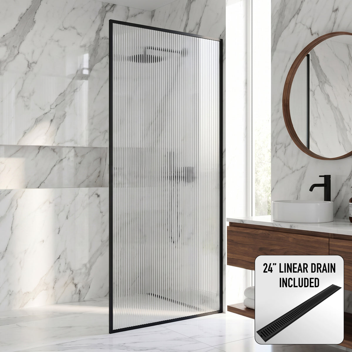 Meridian 34 in. W x 74 in. H Framed Fixed Shower Screen Door and Elan 24 in. Linear Shower Drain in Matte Black