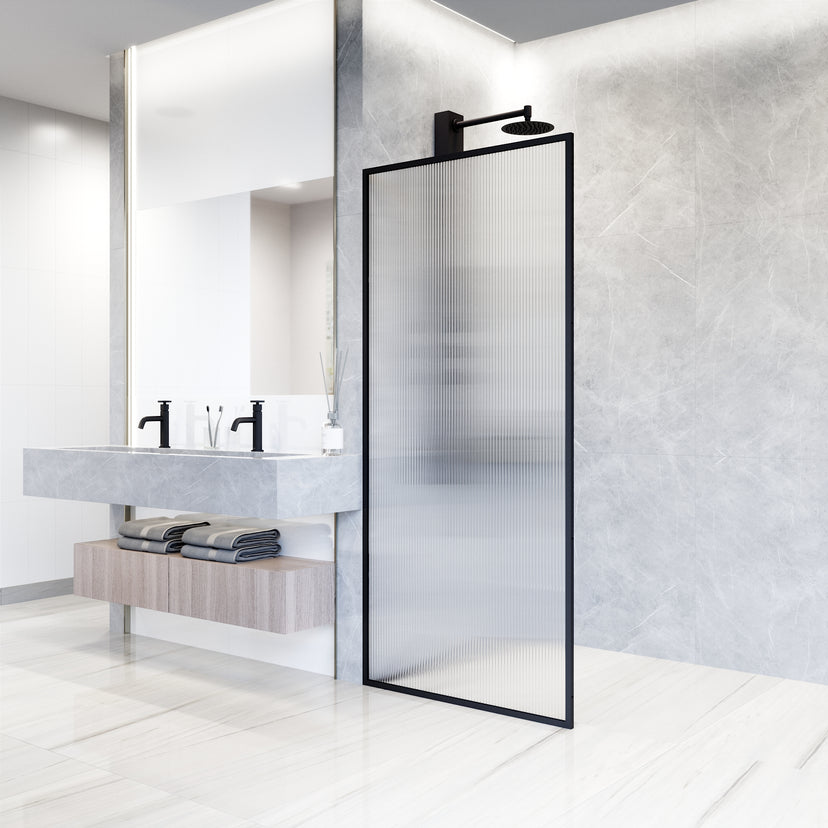 Meridian 34 in. W x 74 in. H Framed Fixed Shower Screen Door and Elan 24 in. Linear Shower Drain in Matte Black