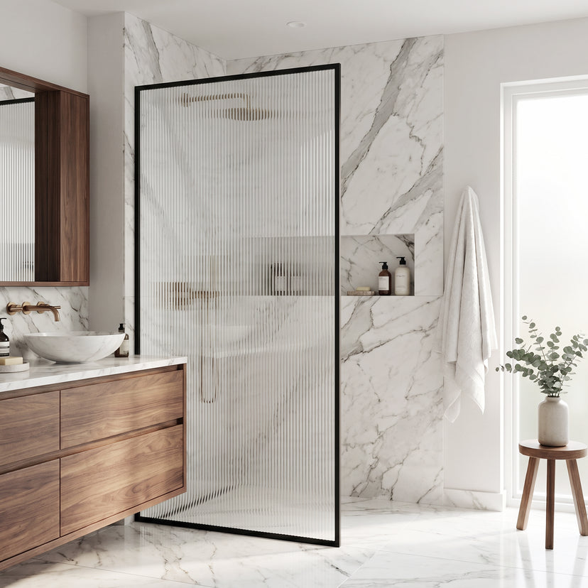 Meridian 34 in. W x 74 in. H Framed Fixed Shower Screen Door and Elan 24 in. Linear Shower Drain in Matte Black