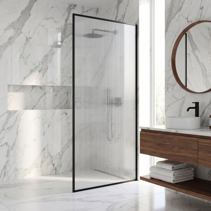 Meridian 34 in. W x 74 in. H Framed Fixed Shower Screen Door and Elan 24 in. Linear Shower Drain in Matte Black