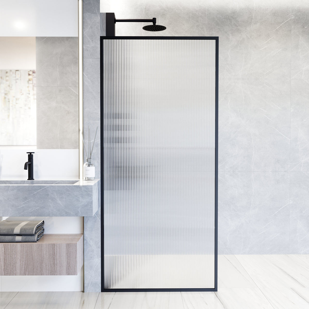 Meridian 34 in. W x 74 in. H Framed Fixed Shower Screen Door and Elan 24 in. Linear Shower Drain in Matte Black