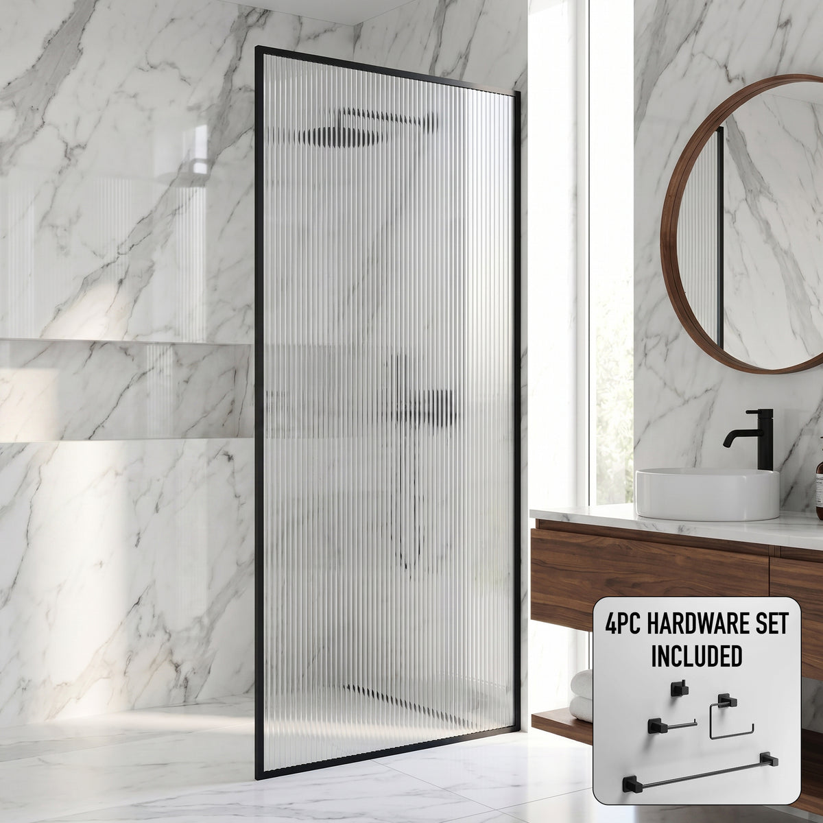 Meridian 34 in. W x 74 in. H Framed Fixed Shower Screen Door and Meridian 4-Piece Bath Hardware Set in Matte Black